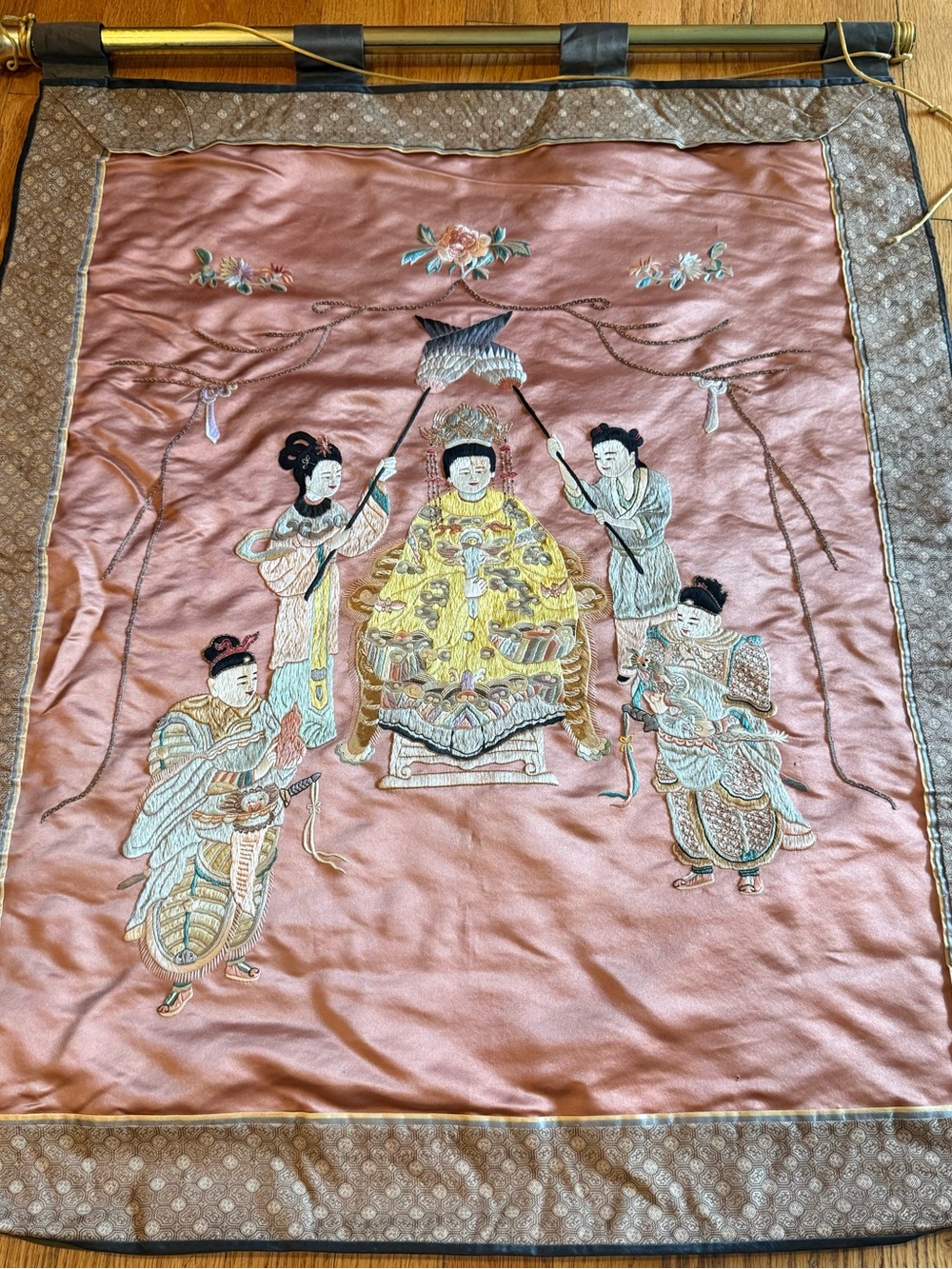 Embroidered Chinese Silk Wall Hanging with Court Scene - Pink and Gold